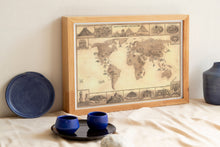 Load image into Gallery viewer, Ancient civilizations map featuring hand-drawn images of historical sites such as pyramids of Giza, Stonehenge , Olmec heads coliseum of Rome Gobekli Tepe Easter island Machu Picchu . Ideal for people searching for alternative archaeology or history world map.