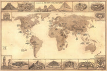 Load image into Gallery viewer, Ancient civilizations map featuring hand-drawn images of historical sites such as pyramids of Giza, Stonehenge , Olmec heads coliseum of Rome Gobekli Tepe Easter island Machu Picchu . Ideal for people searching for alternative archaeology or history world map.