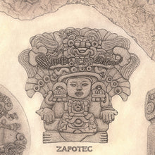 Load image into Gallery viewer, zapotec deity or king hand-drawn from orignal pottery by king of maps artist