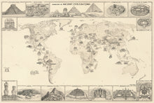 Load image into Gallery viewer, Ancient civilizations map featuring hand-drawn images of historical sites such as pyramids of Giza, Stonehenge , Olmec heads coliseum of Rome gobekli tepe Easter island Machu Picchu . Ideal for people searching for alternative archaeology or history world map
