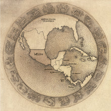 Load image into Gallery viewer, MesoAmerica map surrounded by hand drawn 20 day Aztec Calendar brown map color background