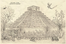 Load image into Gallery viewer, Chichén Itzá pyramid of Kukulkan with wildlife of the region surrounding the main temple, quetzal , tucán and Jaguar or puma are finely hand-drawn in the setting.  Cream color background.