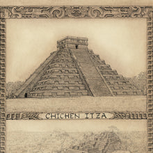Load image into Gallery viewer, Chichén Itzá ruins are hand drawn in fine detail in this framed image taken from maya region map by king of maps original art work 
