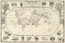 Load image into Gallery viewer, Chocolate world map highlighting bean belt growing region, top chocolate producing countries, bean to bar chocolate production, chocolate products and fine hand -drawn chocolate related images , light cream background.