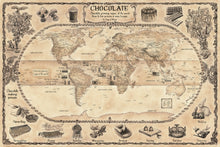 Load image into Gallery viewer, Chocolate world map highlighting bean belt growing region, top chocolate producing countries, bean to bar chocolate production, chocolate products and fine hand -drawn chocolate related images , chocolate brown background.