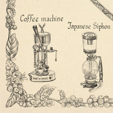 Load image into Gallery viewer, Coffee machine and Japanese siphon all hand drawn for world coffee map. In cream background.