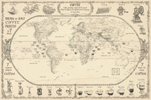 Load image into Gallery viewer, Coffee world map featuring bean to bag coffee production process, 7 ways to prepare and enjoy coffee along with coffee bean belt growing region. Light cream  color background