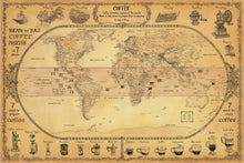 Load image into Gallery viewer, Coffee world map featuring bean to bag coffee production process, 7 ways to prepare and enjoy coffee along with coffee bean belt growing region. Coffee color background.

