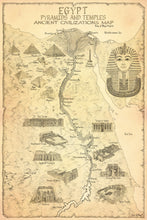 Load image into Gallery viewer, Egypt map depicting classic temples and pyramids of the ancient civilizations of the Egyptian region. Pyramids and temples along with Tutankhamun and the Nile river map new design by king of maps art and  hand drawn department