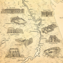 Load image into Gallery viewer, Temples of upper egypt from Kom Ombo to Philae temple and Luxors impressive site are all part of the Egyptian plan in the lower half of our Egypt map . Nile river flows through the middle of temples from Rameses to the Seti temple and Hathor monument