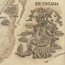 Load image into Gallery viewer, Ek Chuah the god of chocolate and commerce drawn on dot relief technique surrounding part of Mayan map of the region. King of maps original