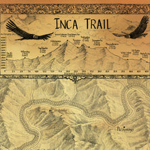 Load image into Gallery viewer, INCA TRAIL MAP - The famous Inka trail leading to Machu Picchu and hand-drawn images of historical sites along the way.