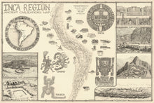 Load image into Gallery viewer, Inca region map . The traditional inka territory known as the Tawantinsuyo is featured here along with hand-drawn images of tiahuanaco, Chimu , nazca lines and the runs of Caral, Chavin , Tihuanaco , Ollantaytambo and Machu Picchu . Part of our ancient civilizations collection. Cream background