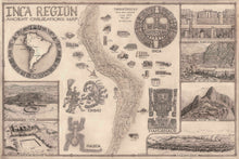 Load image into Gallery viewer, Inca region map . The traditional inka territory known as the Tawantinsuyo is featured here along with hand-drawn images of tiahuanaco, Chimu , nazca lines and the runs of Caral, Chavin , Tihuanaco , Ollantaytambo and Machu Picchu . Part of our ancient civilizations collection. Brown background