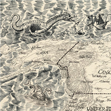 Load image into Gallery viewer, The lochness monster abroad appears on this map of the northern region of the Americas