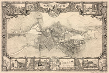 Load image into Gallery viewer, Machu Picchu cartographic plan with hand-drawn temples of the wonder of the world surrounding the huge plan of the ruins. Cream color background.