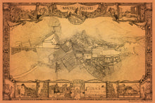 Load image into Gallery viewer, Machu Picchu cartographic plan with hand-drawn temples of the wonder of the world surrounding the huge plan of the ruins. Gold color background.