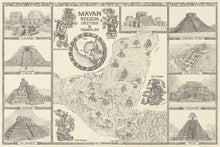 Load image into Gallery viewer, Mayan region map hand-drawn with the gods of Kukulkan , ek Chuah , yum Kaax, ixchel fra,es also includes depictions of ruins of mayapan, uxmal,Edizna, Palenque , Chichén Itzá Calakmul Lamanai and Tikal all around a map indicating the location of 20 Mayan ruins with  cream background