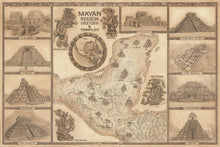 Load image into Gallery viewer, Mayan region map hand-drawn with the gods of Kukulkan , ek Chuah , yum Kaax, ixchel fra,es also includes depictions of ruins of mayapan, uxmal,Edizna, Palenque , Chichén Itzá  Calakmul Lamanai and Tikal all around a map indicating the location of 20 Mayan ruins with brown finish