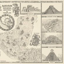 Load image into Gallery viewer, Mayan region map right side with temples of Chichen Itza calakmul , Tikal and ruins of the region surrounding a map of the Yucatan area.