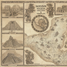 Load image into Gallery viewer, Mayan region deities and temples map left side with Mayan calendar and temples of uxmal Edina and Palenque  along with hand drawn dot images of Kukulkan ixchel and yum Kaax. Brown background