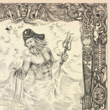 Load image into Gallery viewer, Neptune, pirate king of the deep ocean trident carrying and the underworld hand drawn by king of maps