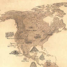Load image into Gallery viewer, North America map area featuring the ruins of Mesa Verde , medicine wheel, Cahokia , serpent mound and Paquime in brown color background by king of maps.