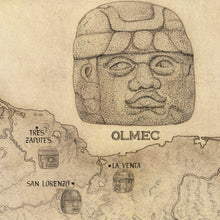 Load image into Gallery viewer, Olmec region of tres zapotes la venta and San Lorenzo along with Olmec head on hand drawn map of the mesoamerican region
