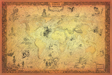 Load image into Gallery viewer, Pirate treasure world map with sea monsters and pirates Zeus dragons and Caribbean treasure location gold background