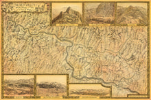 Load image into Gallery viewer, Sacred valley of the Inca empire map of inka region from Machu Picchu to Cusco. Hand drawn images of ruins from Ollantaytambo, pisac maras and saqsayhuaman.  Gold background