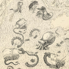 Load image into Gallery viewer, Skeleton Octopus fish with destruction of ships and skeleton shark in pirate world map
