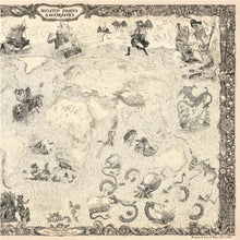 Load image into Gallery viewer, Right side of skeleton pirate map featuring pirate king, mermaids and sea monsters and pirates.
