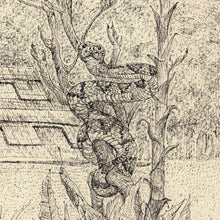 Load image into Gallery viewer, Detailed drawing of a snake stealthily moving in Chichen Itza ruins souvenir art work. Cream