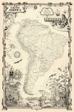 Load image into Gallery viewer, South America continental map with dedication to inka and Americo Vespucci along with Amazonian wildlife scene all hand-drawn cream