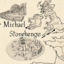 Load image into Gallery viewer, Stone henge is drawn in high detail along with map indicating where it is located within England.