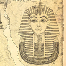 Load image into Gallery viewer, Tutankhamun his burial mask is probably the most famous artefact of the Egyptian history and is depicted here in the top right corner of our Egypt map of temples . hand drawn original depiction by King of maps