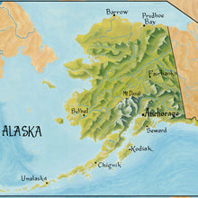 Load image into Gallery viewer, Alaska  hand drawn map of the largest state in the union lovingly drawn by king of Maps
