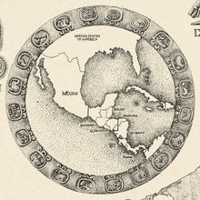 Load image into Gallery viewer, Mayan calendar is hand-drawn and is the framing of a Mayan region map that highlight the region's limits. Cream back ground