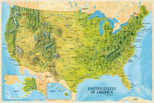 Load image into Gallery viewer, USA map original painted map of United States with mountain relief and Alaska and Hawaii  relaxing for art lovers painted by king of maps