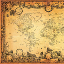 Load image into Gallery viewer, World wildlife map west side  Map of the planet with animals in danger of extinction hand-drawn around by king of maps