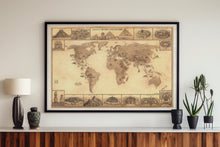 Load image into Gallery viewer, Ancient civilizations map featuring hand-drawn images of historical sites such as pyramids of Giza, Stonehenge , Olmec heads coliseum of Rome Gobekli Tepe Easter island Machu Picchu . Ideal for people searching for alternative archaeology or history world map.
