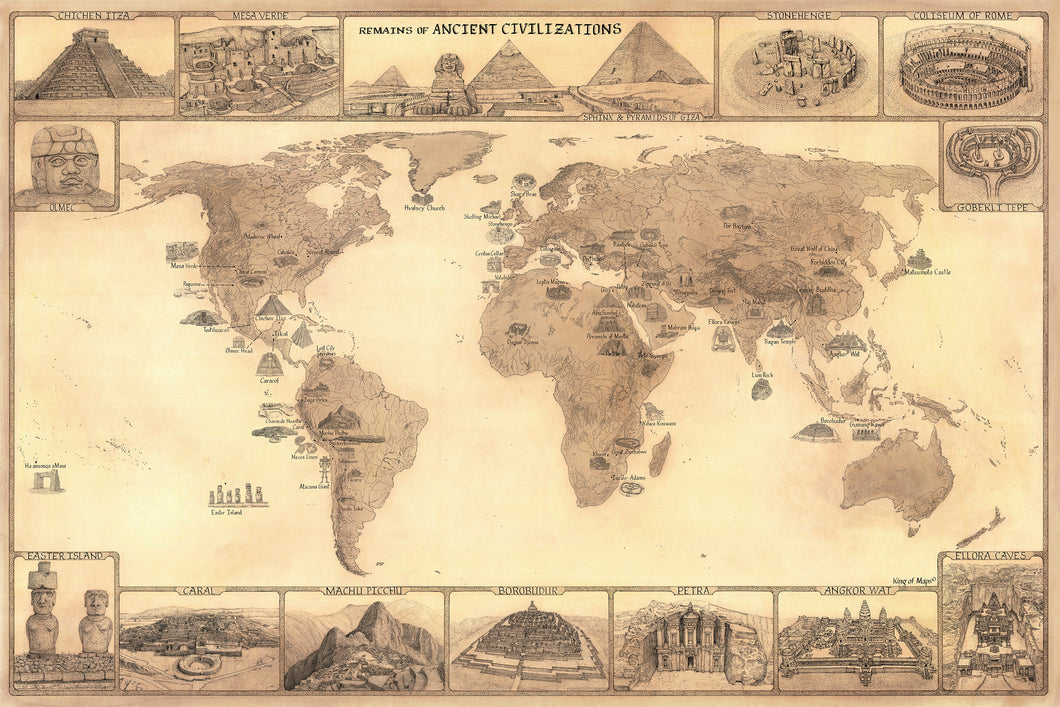 Ancient civilizations map featuring hand-drawn images of historical sites such as pyramids of Giza, Stonehenge , Olmec heads coliseum of Rome Gobekli Tepe Easter island Machu Picchu . Ideal for people searching for alternative archaeology or history world map.