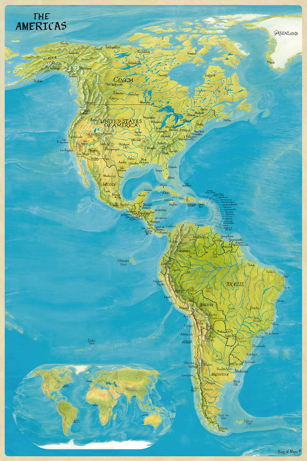 PAINTED AMERICAS MAP - beautifully painted rendition of the Americas .