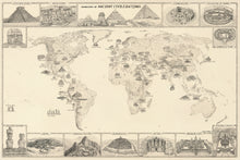 Load image into Gallery viewer, Ancient civilizations map featuring hand-drawn images of historical sites such as pyramids of Giza, Stonehenge , Olmec heads coliseum of Rome gobekli tepe Easter island Machu Picchu . Ideal for people searching for alternative archaeology or history world map
