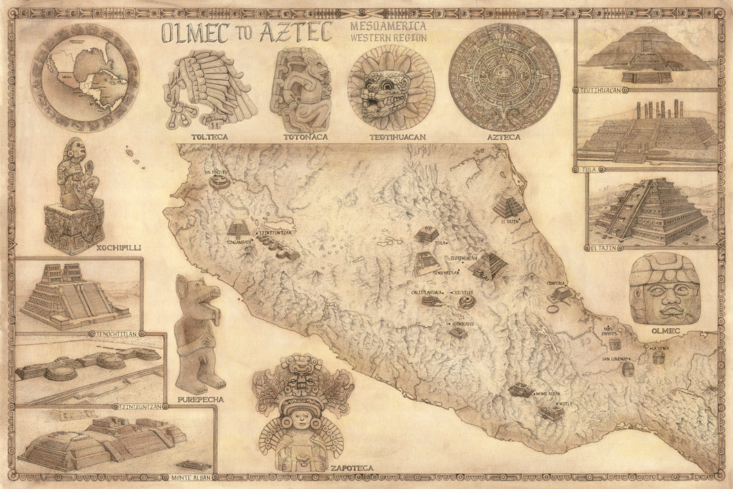 Aztec map of western MesoAmerica featuring hand-drawn images of cultural icons from Toltec Totonac Teotihuacán Olmec Purepecha Zapotec Xochipilli along with temples of Tajín Tula Teotihuacan Tzintzuntzan and a regional map featuring 20 ruins. All hand drawn by king of maps in brown background color