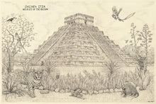 Load image into Gallery viewer, Chichén Itzá pyramid of Kukulkan with wildlife of the region surrounding the main temple, quetzal , tucán and Jaguar or puma are finely hand-drawn in the setting.  Cream color background.
