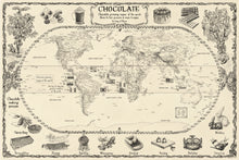Load image into Gallery viewer, Chocolate world map highlighting bean belt growing region, top chocolate producing countries, bean to bar chocolate production, chocolate products and fine hand -drawn chocolate related images , light cream background.
