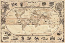 Load image into Gallery viewer, Chocolate world map highlighting bean belt growing region, top chocolate producing countries, bean to bar chocolate production, chocolate products and fine hand -drawn chocolate related images , chocolate brown background. 
