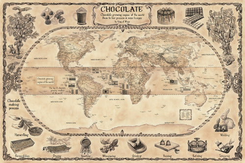 Chocolate world map highlighting bean belt growing region, top chocolate producing countries, bean to bar chocolate production, chocolate products and fine hand -drawn chocolate related images , chocolate brown background. 
