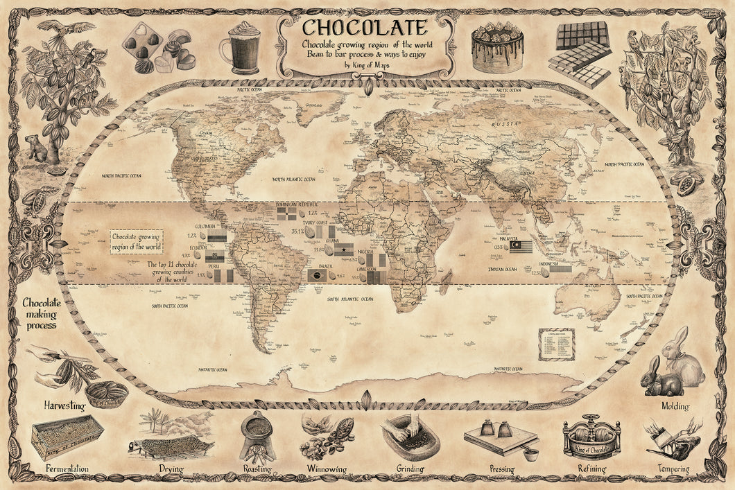 Chocolate world map highlighting bean belt growing region, top chocolate producing countries, bean to bar chocolate production, chocolate products and fine hand -drawn chocolate related images , chocolate brown background. 